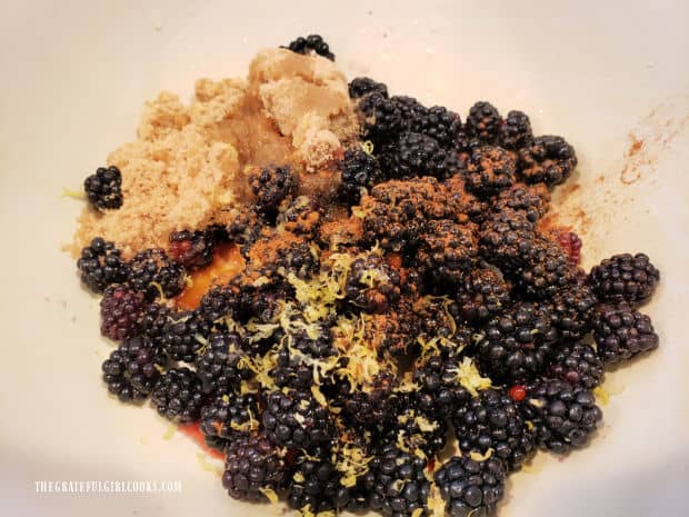 Blackberries, with brown sugar, cinnamon, lemon zest & juice, etc. in bowl.