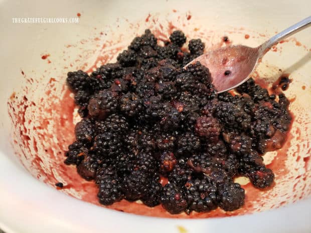 The blackberry cobbler filling, after combining ingredients.