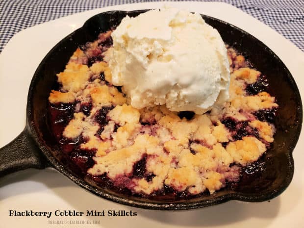 Share a yummy Blackberry Cobbler Mini Skillet with a loved one! Recipe makes 2 skillets (4 servings) and cooks on a pellet grill or in oven.