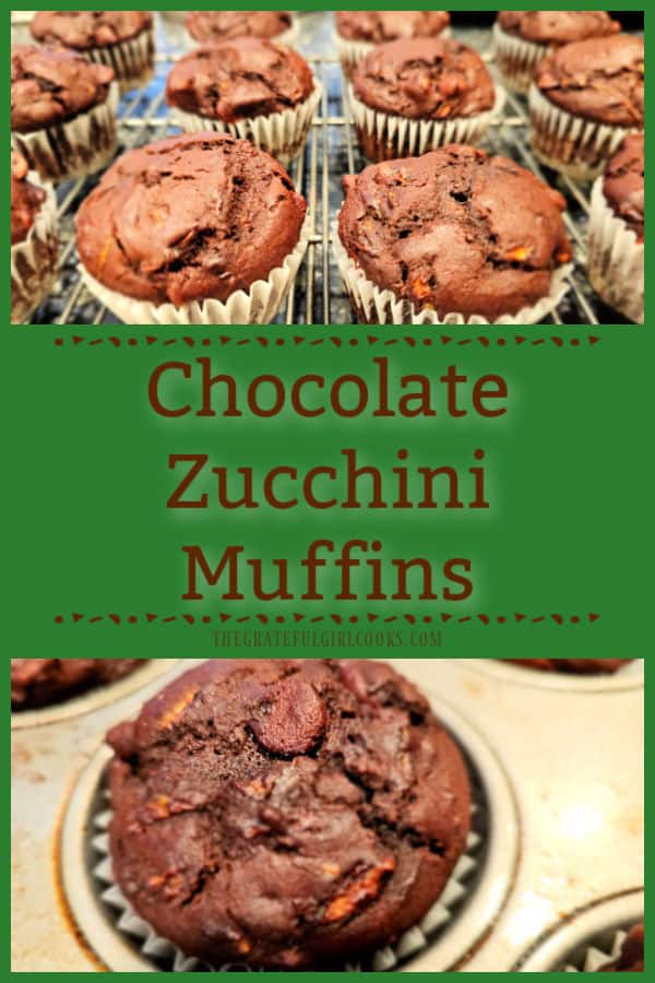 Make a dozen yummy chocolate zucchini muffins. They're easy to make, and filled with chocolate chips and a surprise- shredded zucchini!