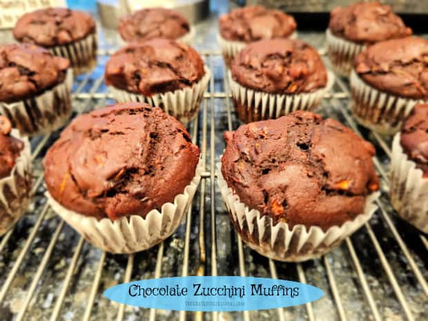 Make a dozen yummy chocolate zucchini muffins. They're easy to make, and filled with chocolate chips and a surprise- shredded zucchini!