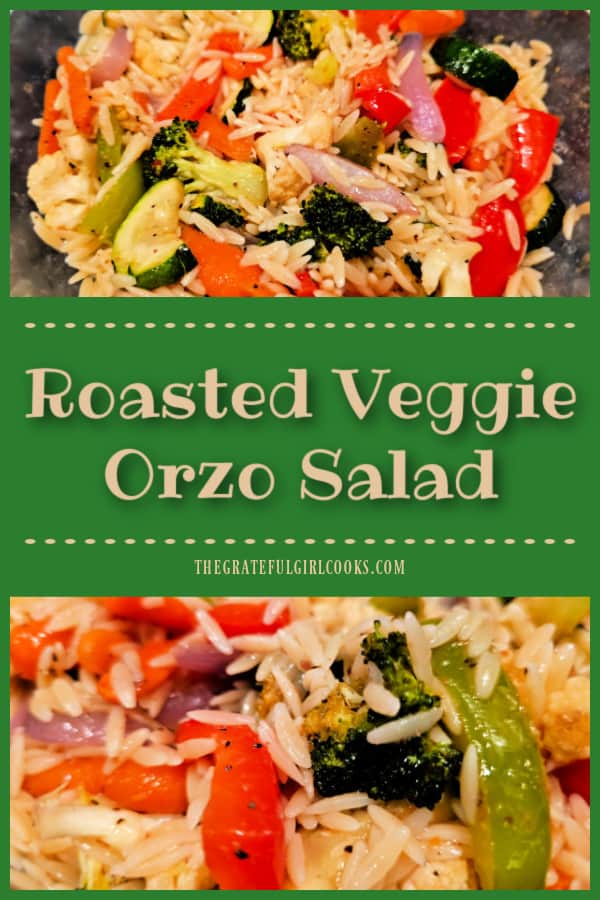 Make Roasted Veggie Orzo Salad for lunch or dinner! Orzo pasta, broccoli, carrots, cauliflower, zucchini, etc. are mixed in Italian dressing.