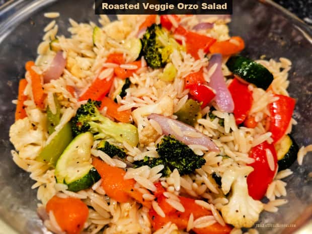 Make Roasted Veggie Orzo Salad for lunch or dinner! Orzo pasta, broccoli, carrots, cauliflower, zucchini, etc. are mixed in Italian dressing.