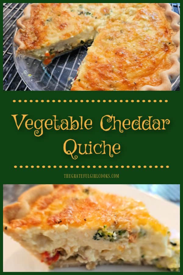 Make a delicious vegetable cheddar quiche to enjoy at breakfast, lunch or dinner! Easy to make, and filled with cheese and lots of veggies. 