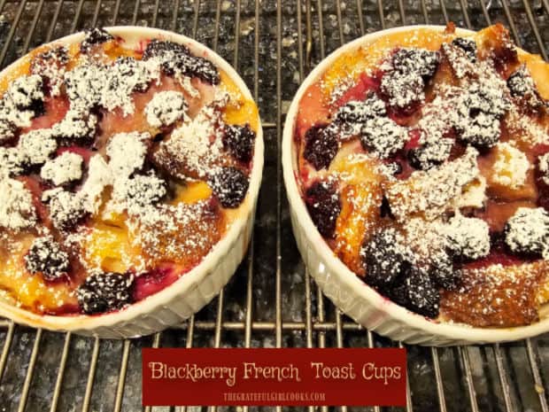 Make delicious Blackberry French Toast Cups in an oven OR an air fryer. They're easy to make, and are decadent, single serving breakfasts. 