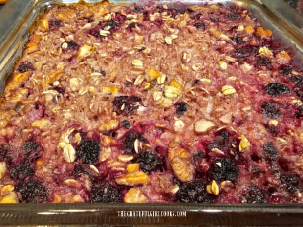 Blackberry Pecan Baked Oatmeal cools after it has been baked.