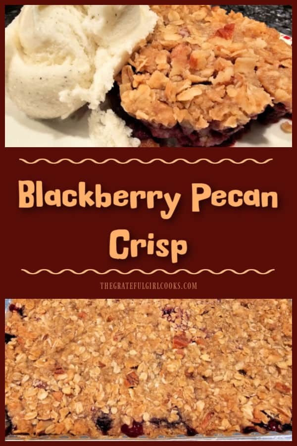 Make a delicious Blackberry Pecan Crisp any time, using fresh or frozen blackberries! This simple dessert is topped with crumbly streusel.
