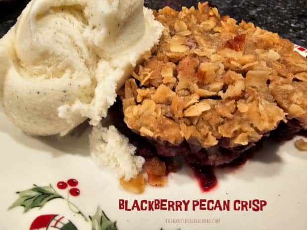 Make a delicious Blackberry Pecan Crisp any time, using fresh or frozen blackberries! This simple dessert is topped with crumbly streusel.