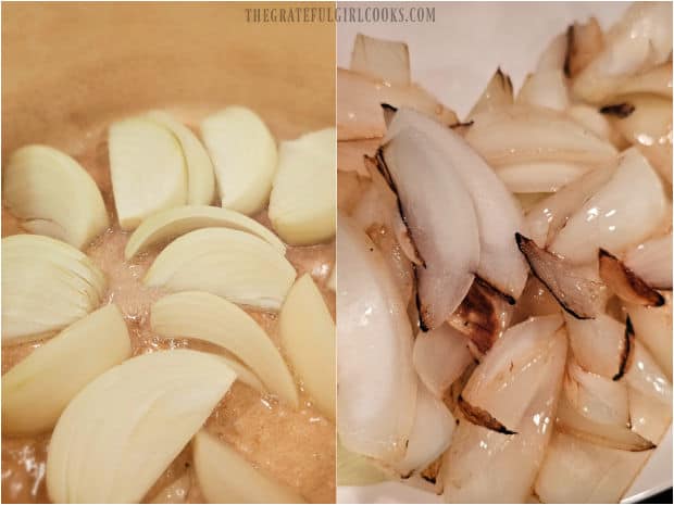 Onion wedges are lightly browned in hot oil.
