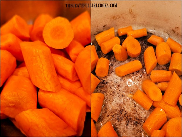 Carrot chunks are lightly browned in hot oil.