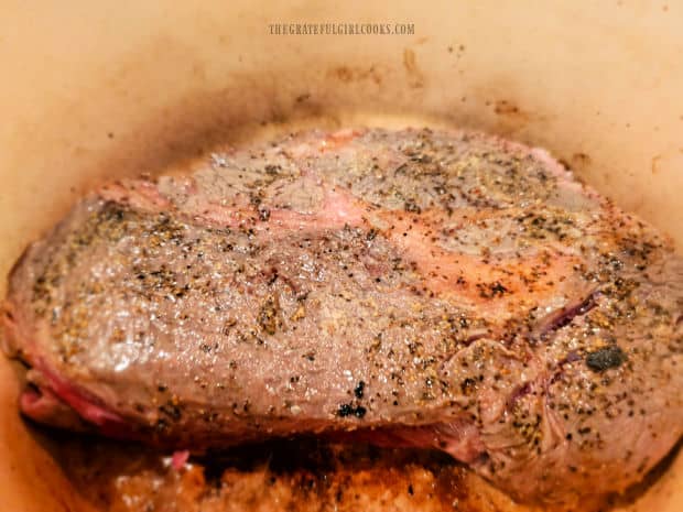 Pot roast is browned on all sides before it is baked.