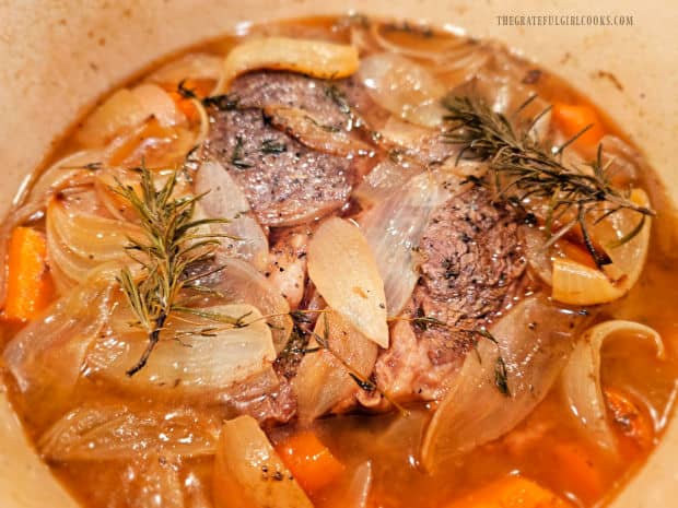 After baking for 3 hours, the classic pot roast is ready to be served.