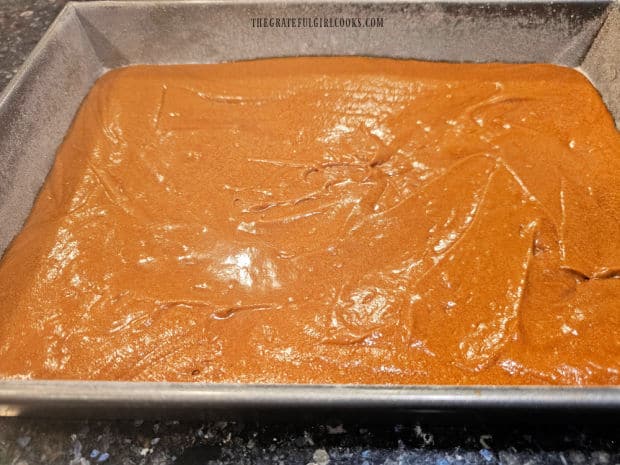 Homemade gingerbread batter in a greased/floured cake pan.