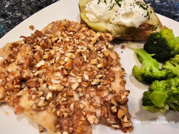 Pecan-crusted chicken, with broccoli and baked potato on the side.