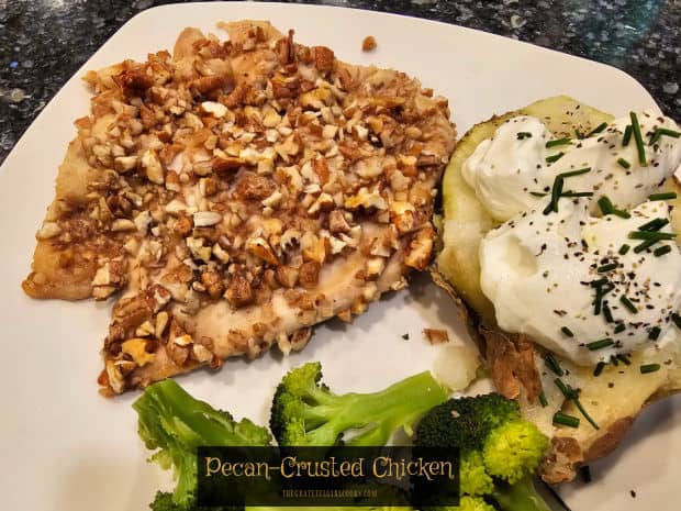 Pecan-Crusted Chicken is a delicious entrée, with only 4 ingredients, 10 minutes prep, and in the oven it goes! A perfect dish for busy days!