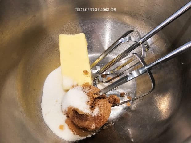 Butter, brown and granulated sugars, vanilla and salt are blended until creamy.