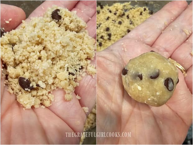 Crumbly cookie dough is shaped by hand into 1" balls.