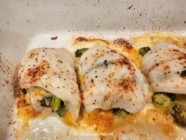 Paprika is sprinkled over the Stuffed Dover Sole For Two, once baked.