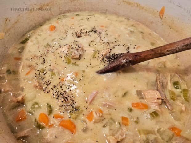 Salt and pepper is added to turkey mulligatawny soup before serving.