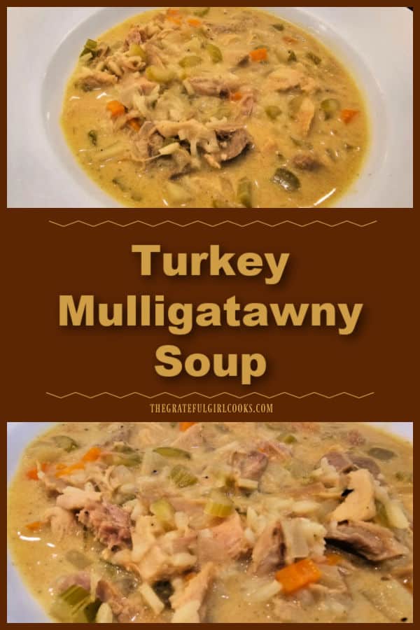 Leftover turkey? Make Turkey Mulligatawny Soup with turkey, rice, carrots, celery, onion, apple & curry powder. It's hearty and satisfying!