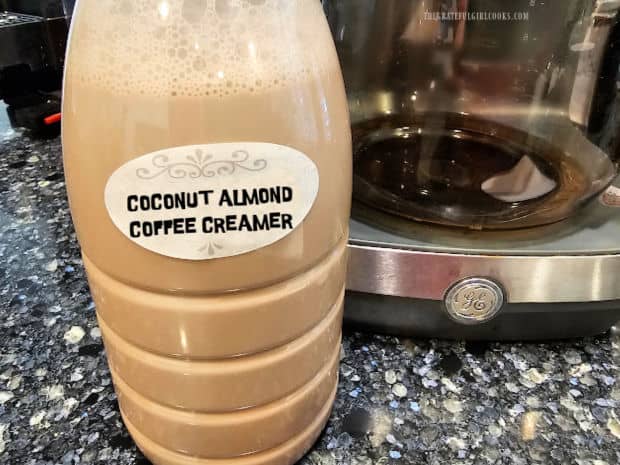 Coconut Almond Coffee Creamer in a bottle, chilled, and ready to use.