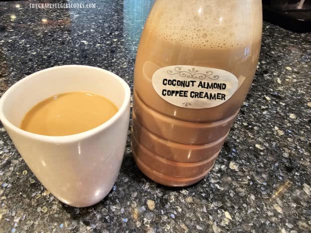 Make simple homemade Coconut Almond Coffee Creamer in 5 minutes or less! This flavorful creamer will really enhance your cup of hot coffee!