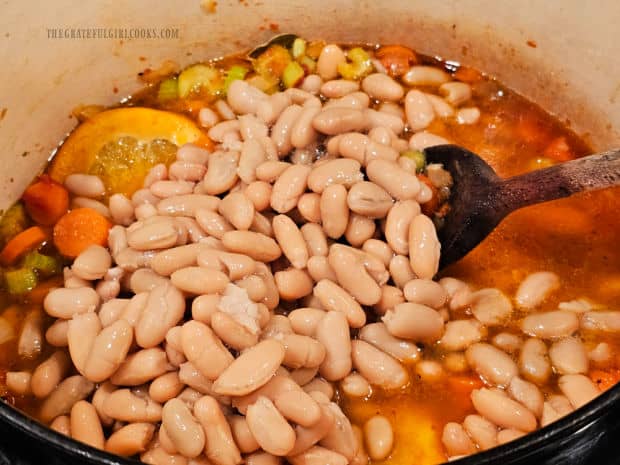 Cannellini beans, water, salt and pepper are now added to the stew.