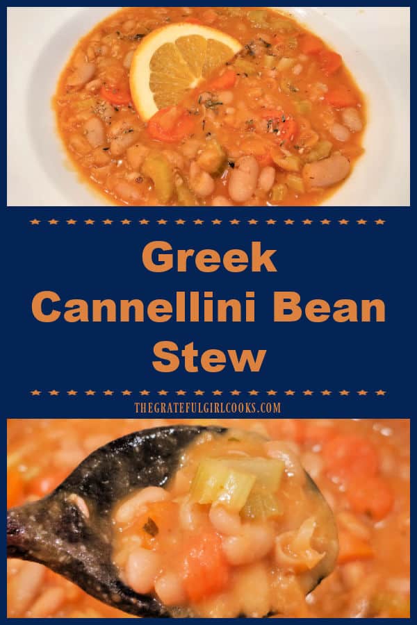 Greek Cannellini Bean Stew is an easy to make, meatless hearty stew with carrots, onion, garlic, celery and a hint of orange! It's DELICIOUS!