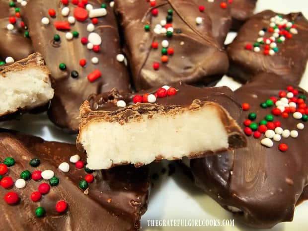 White peppermint filling is shown inside one of the peppermint patty bars.