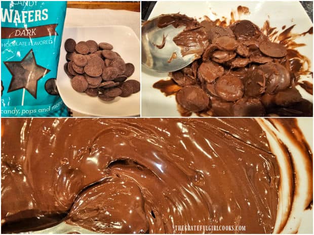 Three photo collage showing the steps in melting the chocolate candy wafers.