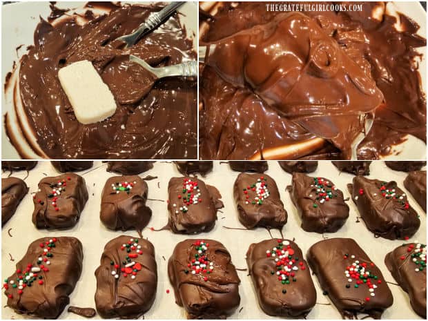 Each peppermint bar is coated in chocolate and decorated with sprinkles.