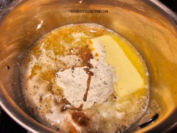 Ranch mix, Worcestershire, and seasoning salt are added to melted butter. 