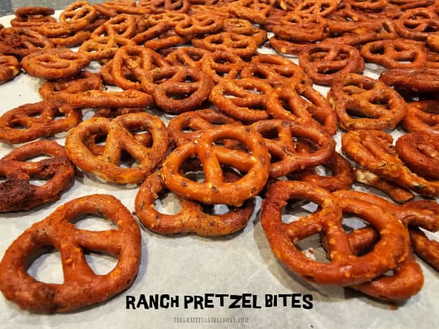Make a big batch of Ranch Pretzel Bites for snacking or gift-giving! They're easy to make, and are baked in a buttery seasoning sauce!