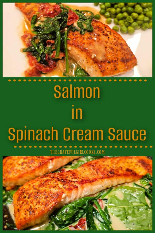 Salmon In Spinach Cream Sauce is a simple, decadent seafood dish you'll LOVE! This recipe can be made in 15 minutes (using only 1 skillet).