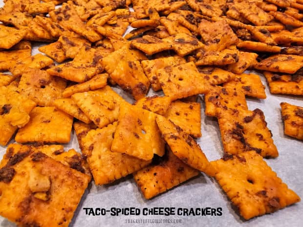 Make Taco-Spiced Cheese Crackers as a delicious snack! Recipe makes 12 (½ cup) servings of baked cheese crackers coated with seasoning sauce.