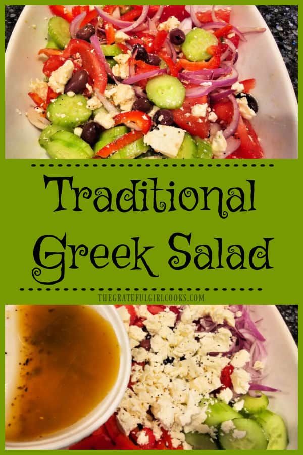 Make a delicious, healthy Traditional Greek Salad to serve four people as a side dish. It's very easy to make and serve in under 15 minutes.