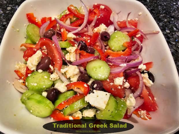 Make a delicious, healthy Traditional Greek Salad to serve four people as a side dish. It's very easy to make and serve in under 15 minutes.