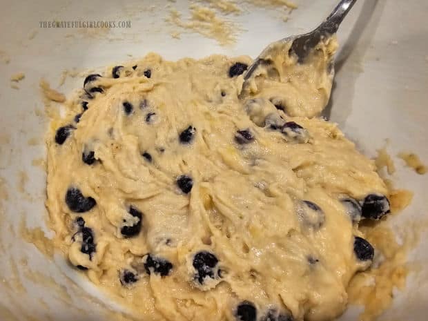 The batter for the blueberry banana bread is ready for loaf pans.