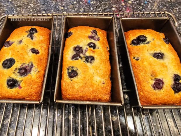 Three mini-loaves cool in loaf pans on a wire rack, after baking.