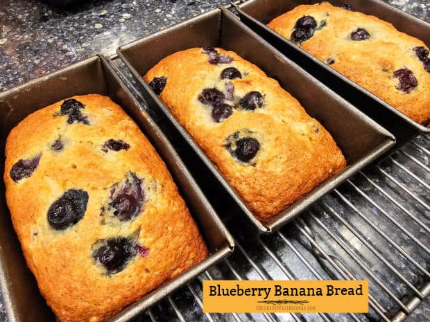 Make three mini-loaves of Blueberry Banana Bread in under 45 minutes! Filled with juicy blueberries, this is a great snack or breakfast!