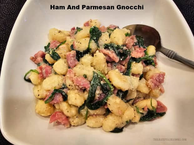 Ham and Parmesan Gnocchi with spinach is a simple, filling main dish. It's easy to make (with pre-made gnocchi) and is absolutely delicious!