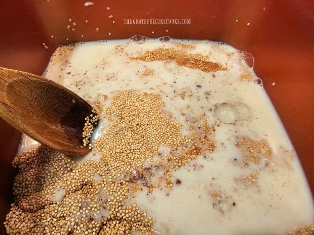 Milk and salt are added to the pan of quinoa to begin cooking.