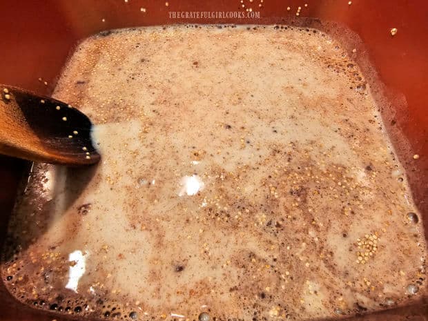 Quinoa and cinnamon are cooked with milk and salt for about 13 minutes.
