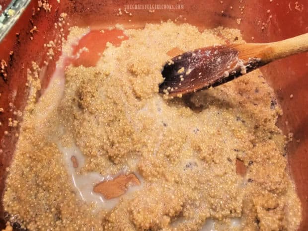 A little bit of extra milk is added to the quinoa while it cooks.