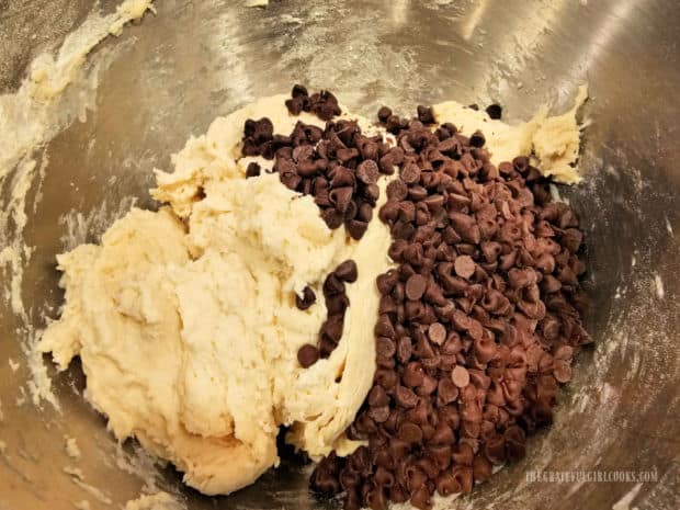 Mini chocolate chips are added and stirred into the bagel dough.