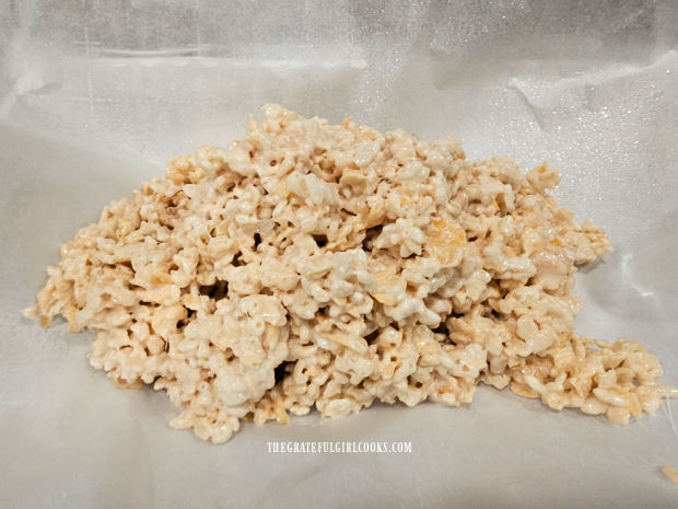 Pour mixture onto parchment paper lined baking dish.