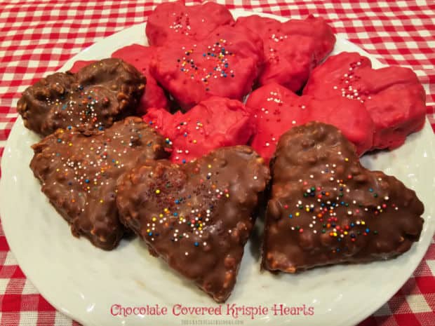 Make Chocolate Covered Krispie Hearts for Valentines Day or any time! Chewy treats covered in chocolate are a fun way to say "I Love You".