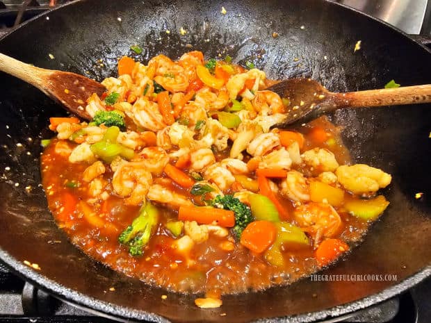 Once heated through, the Szechuan Shrimp Stir-Fry is ready to serve.