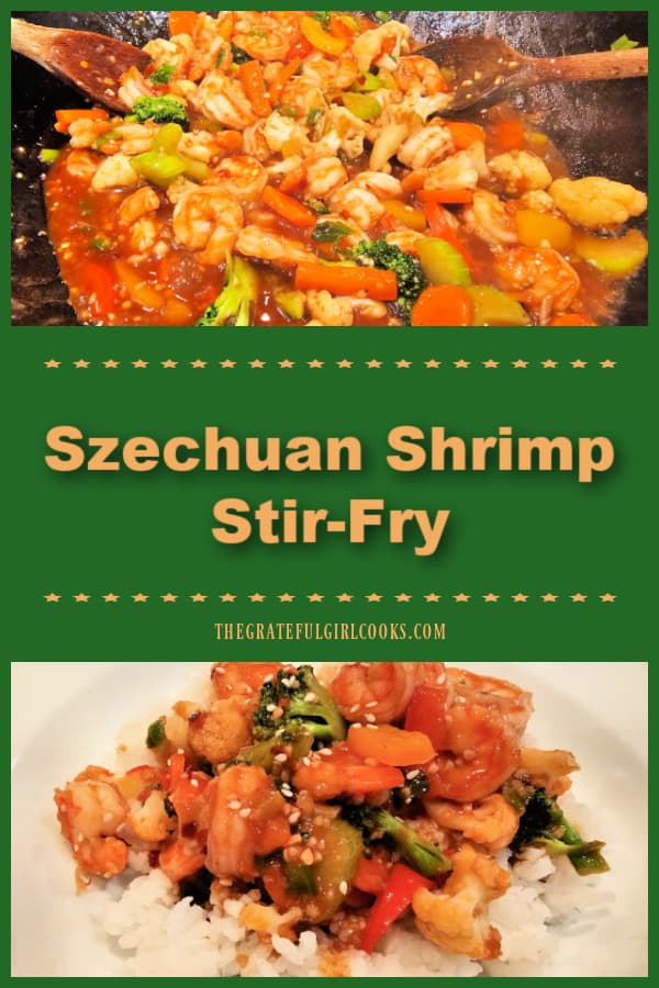 Szechuan Shrimp Stir-Fry is a delicious meal for four, featuring shrimp, a variety of fresh vegetables, cooked in an Asian-inspired sauce.
