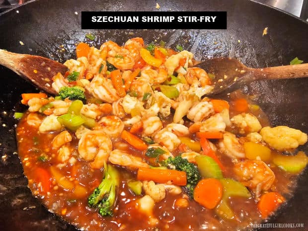 Szechuan Shrimp Stir-Fry is a delicious meal for four, featuring shrimp, a variety of fresh vegetables, cooked in an Asian-inspired sauce.